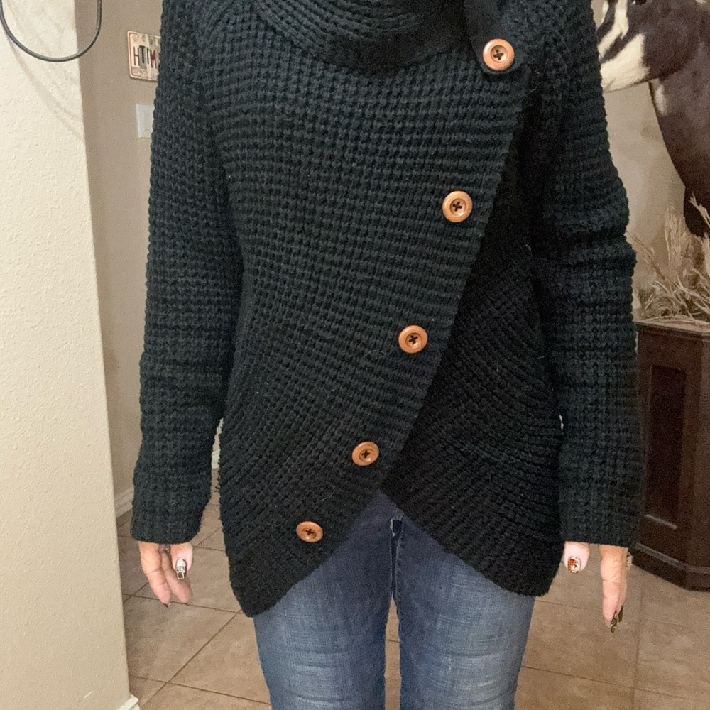 Women's Black Button-Up Look Sweater